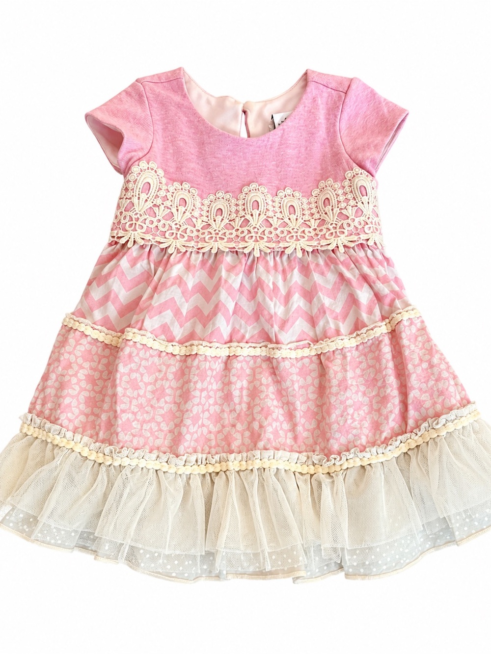 Girls Pink Lace-Trim Tiered Casual Dress